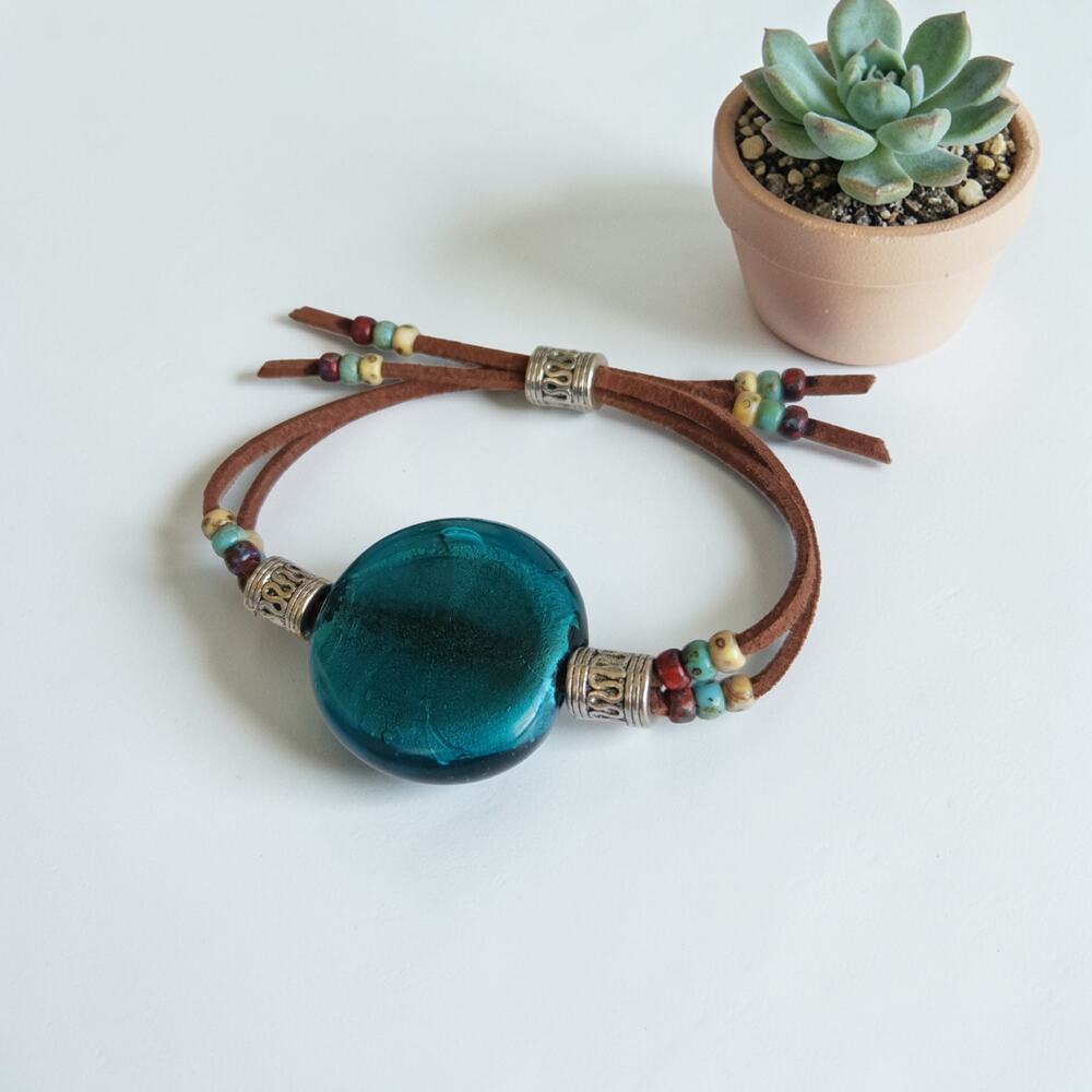 Teal Stained Glass Boho Bracelet with Miyuki Picasso Seed Beads